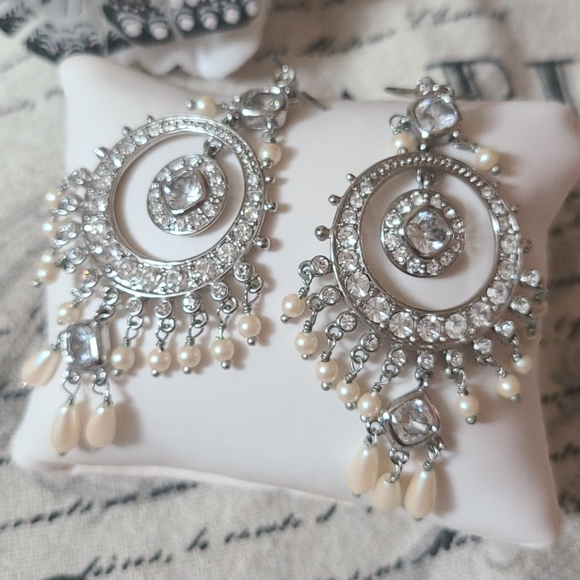 Monet Crystal and Faux Pearl Earrings - Picture 2 of 11